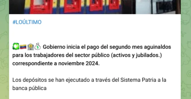 Llegó el segundo mes de aguinaldo para los empleados públicos y jubilados en Venezuela. Foto: Canal Patria Digital/ Telegram