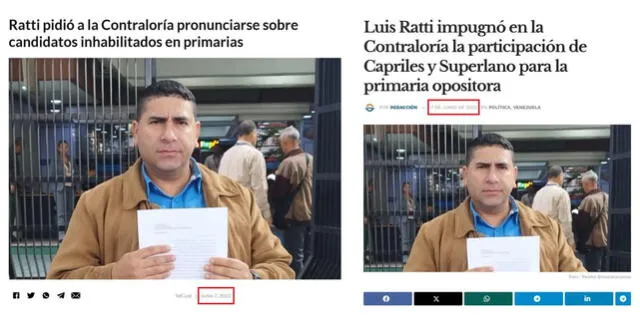 <em> Captura de los reportes de los medios Tal Cual (izquierda) y Al Navío (derecha) que muestran el verdadero contexto de la escena que expone a Luis Ratti. Foto: captura de Google</em>   