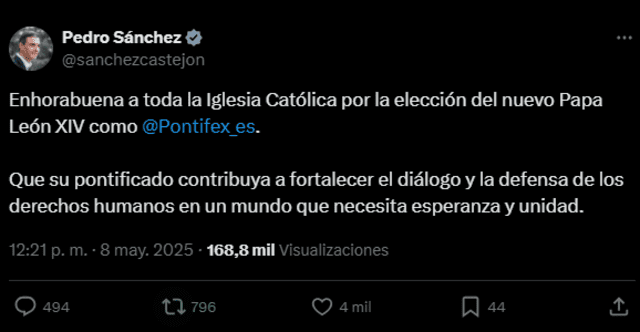 Pedro Sánchez, felicitó “a toda la Iglesia Católica por la elección del nuevo papa León XIV”. Foto: X Pedro Sánchez, felicitó “a toda la Iglesia Católica por la elección del nuevo papa León XIV”. Foto: X