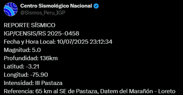 Sismo de magnitud 5.0 sacude Loreto. Foto: IGP Sismo de magnitud 5.0 sacude Loreto. Foto: IGP