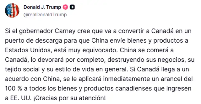  Mensaje del líder republicano dirigido al primer ministro Carney, publicado en su cuenta oficial de Truth Social. Foto: realDonaldTrump    