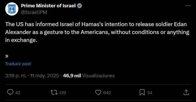 The U.S. has informed Israel that Hamas intends to release soldier Edan Alexander as a gesture to the Americans, with no conditions or exchanges attached, marking a hopeful step in the ongoing efforts to resolve the hostage crisis. Photo: X The U.S. has informed Israel that Hamas intends to release soldier Edan Alexander as a gesture to the Americans, with no conditions or exchanges attached, marking a hopeful step in the ongoing efforts to resolve the hostage crisis. Photo: X