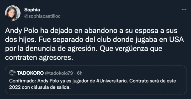Críticas a Universitario por la posible contratación de Andy Polo, jugador denunciado por violencia de género. Foto: captura Twitter