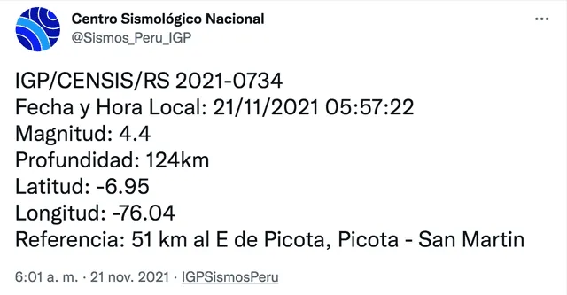 El sismo tuvo una profundidad de 124 km. Foto: captura IGP