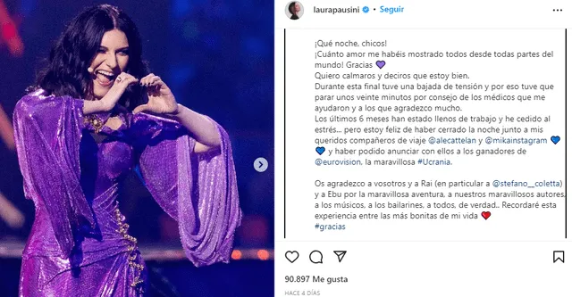 Laura Pausini había explicado por qué se ausentó brevemente de la final de Eurovisión 2022. Foto: Instagram