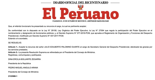 Dimisión de Julio Edilbert. Foto: El Peruano.