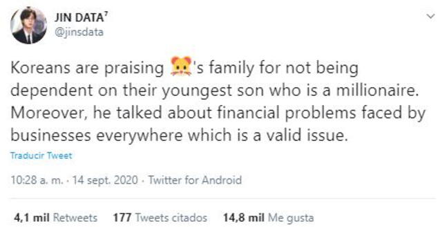 Comentarios sobre la decisión de la familia de Jin de asumir sus propias responsabilidades económicas. Foto: Twitter