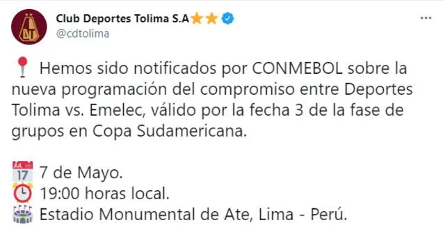 Mensaje del Tolima. Foto: Deportes Tolima/Twitter