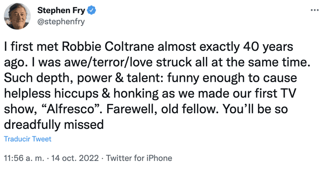 Muere Robbie Coltrane: JK Rowling, Stephen Fry y otros artistas reaccionan a la triste noticia