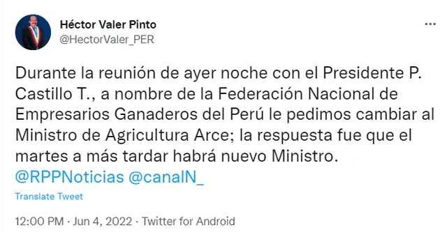 Héctor Valer se pronunció a través de su cuenta de Twitter.