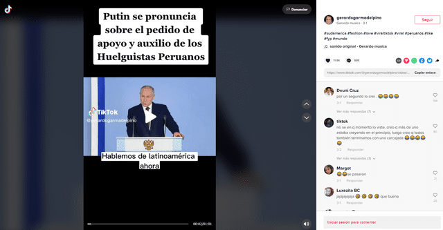  <em>Video más antiguo en TikTok que contiene la imagen viral de Vladimir Putin. Foto: captura en TikTok / @gerardogarmadelpino. </em>    