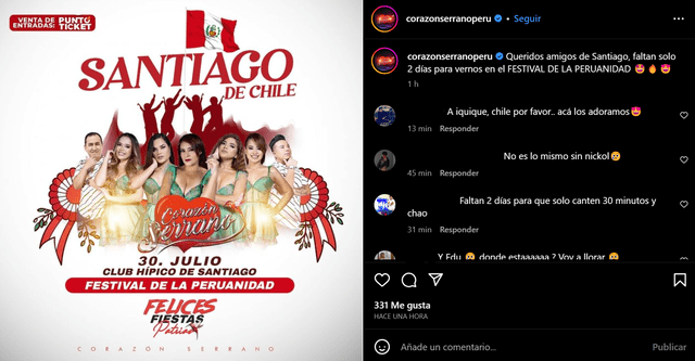  Corazón Serrano se presentará en Chile por Fiestas Patrias. Foto: Instagram/Corazón Serrano 