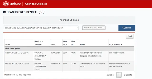  Agenda oficial del despacho presidencial del 05 de agosto. | Foto: Gob.pe   