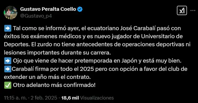  José Carabalí firmará por un año con Universitario. Foto: captura de X/Gustavo Peralta   