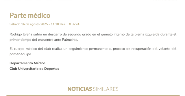 Parte médico de Universitario sobre Ureña   