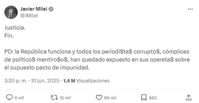 Javier Milei speaks out on his X account after the sentence of Cristina Fernández de Kirchner was confirmed. Photo: Javier Milei X account<br><br> Javier Milei speaks out on his X account after the sentence of Cristina Fernández de Kirchner was confirmed. Photo: Javier Milei X account<br><br>