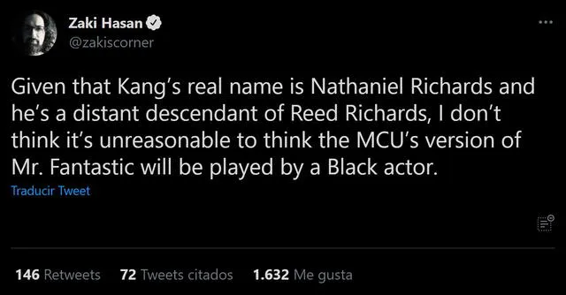 Reed Richards podría ser interpretado por un actor de color. Foto: Twitter/@zakiscorner