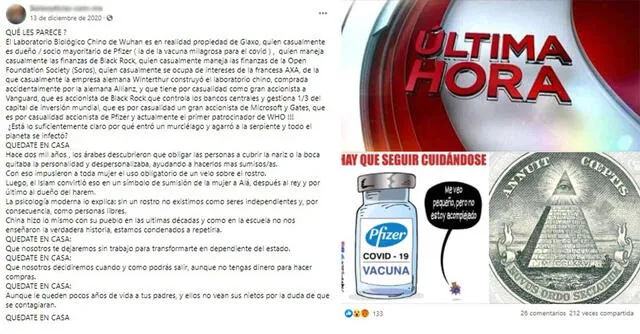 Post relaciona el laboratorio de Wuhan con las farmacéuticas Glaxo y Pfizer. Foto: captura en Facebook.
