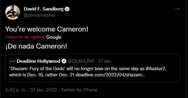 Tweet de David F. Sandberg confirma la postergación de la fecha de estreno de "Shazam 2". Foto: Twitter