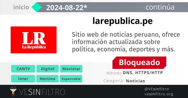 Anuncio del bloqueo de La República en Venezuela. Foto: @vesinfiltro/X   