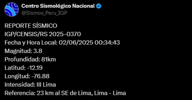  Sismo de magnitud 3.8 sacude Lima. Foto: IGP   