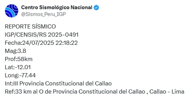 Sismo de 3,8 se sintió en Callao. Foto: IGP Sismo de 3,8 se sintió en Callao. Foto: IGP