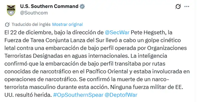  Estados Unidos reportó la muerte de una persona durante una operación contra una 'narcolancha' en el Pacífico. Foto: Captura de X/Southcom    
