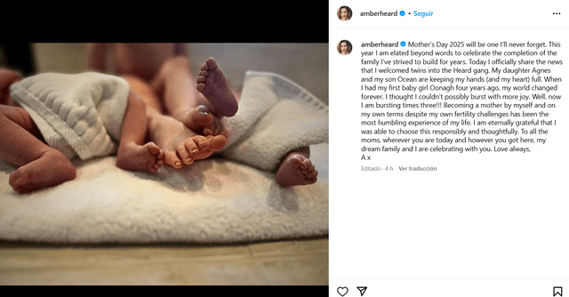 Amber Heard says a Instagram post: "Beyond thankful for the arrival of my twins. A new adventure starts now". Photo: Amber Heard Instagram account Amber Heard says a Instagram post: "Beyond thankful for the arrival of my twins. A new adventure starts now". Photo: Amber Heard Instagram account
