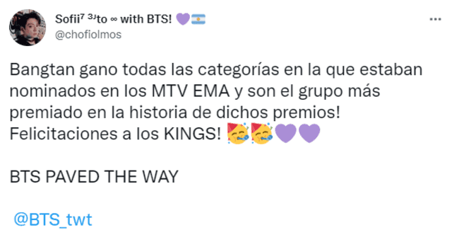 Reacción de ARMY ante los premios de BTS en los MTV EMA 2021. Foto: captura/Twitter