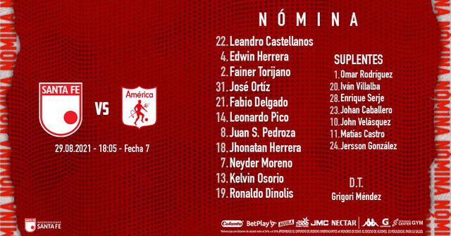 Alineación inicial del conjunto cardenal. Foto: Independiente Santa fe