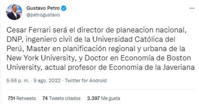 Gustavo Petro designa a César Ferrari como director de Planeación Nacional en Colombia. Foto: captura Twitter