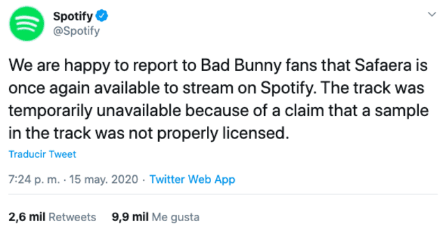 Spotify explica por qué eliminó "Safaera" de Bad Bunny