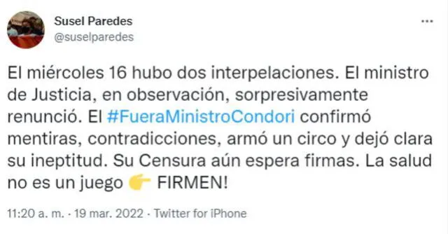 Susel Paredes instó a sus colegas parlamentarios a firmar censura contra Hernán Condori. Foto: Captura Twitter