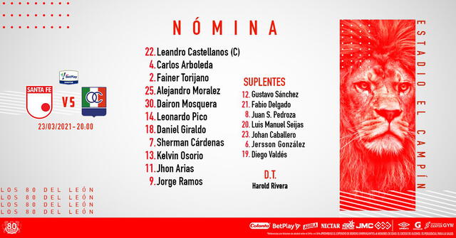 Once inicial de Santa Fe ante Once Caldas por la Liga BetPlay 2021