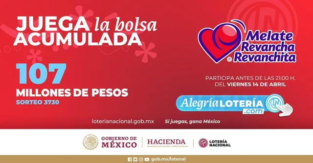 Con el sorteo Melate de hoy, 14 de abril, puedes ganar 107 millones de pesos. Foto: Lotería Nacional de México   