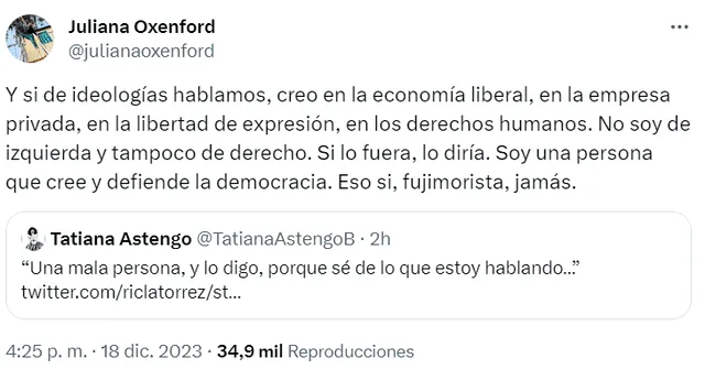  Juliana Oxenford publicó mensaje tras respaldo de Rodrigo González 'Peluchín' ante palabras de Magaly Medina. Foto: X/Juliana Oxenford   