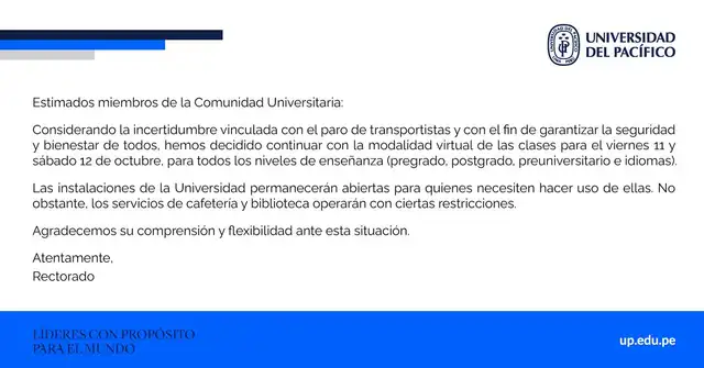 La Universidad del Pacífico también canceló clases presenciales. Foto: UP   