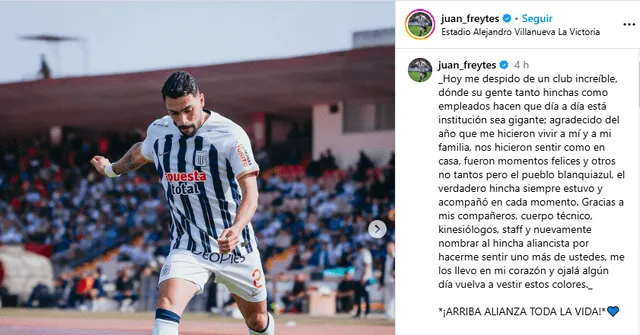  El mensaje de despedida de Juan Pablo Freytes a Alianza Lima. Foto: captura de Instagram/Juan Pablo Freytes   