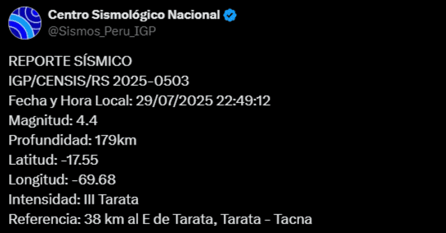  Sismo de magnitud de 4,4 sacude Tacna. Foto: IGP   