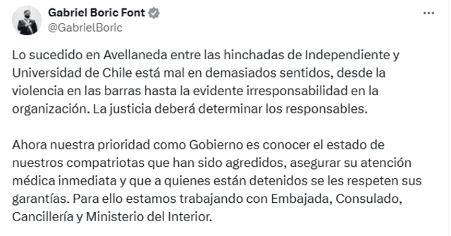  Pronunciamiento de Gabriel Boric tras incidentes en partido entre la U de Chile e Independiente.   