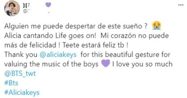 Reacciones al cover de Alicia Keys a "Life goes on". Foto: captura Twitter