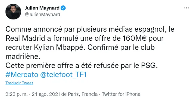 Julien Maynard señaló que el PSG habría rechazado la primera oferta del Real Madrid. Foto: captura Twitter