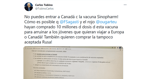 Carlos Tubino criticó la vacuna Sinopharm / Fuente: Twitter