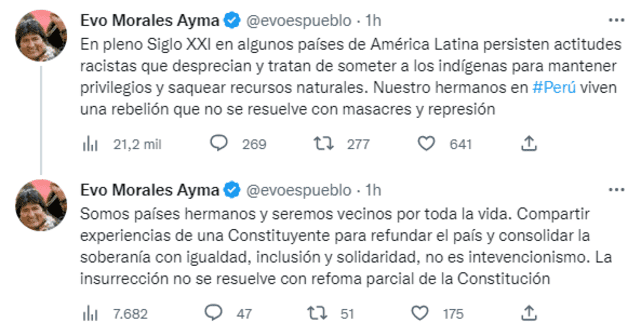 El exmandatario Evo Morales volvió a referirse sobre Perú.