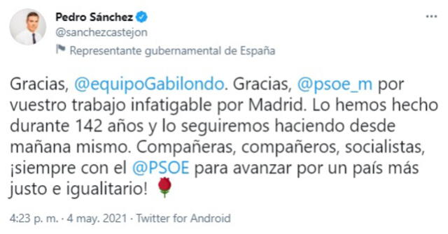 El presidente Sánchez resaltó la valía del PSOE, a pesar de la derrota. Foto: captura de Twitter