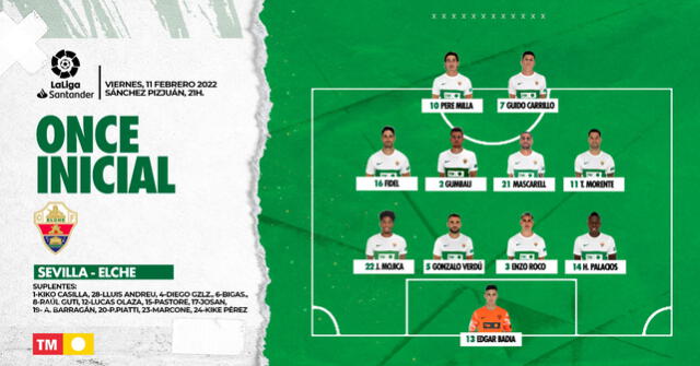 Elche formar de esta manera para enfrentar al Sevilla. Foto:  Elche Club de Fútbol twitter