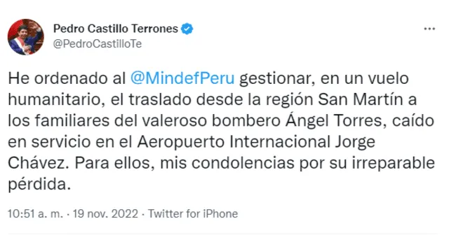 Pedro Castillo ordena vuelo humanitario