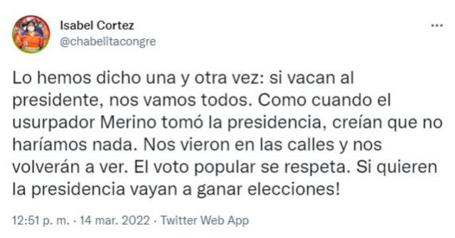 Isabel Cortez instó a un sector del Congreso de que si "quieren la presidencia" lo hagan por las urnas. Foto: Captura Twitter.