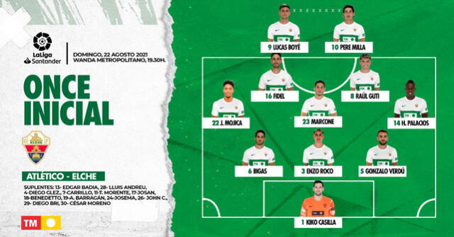 Formación inicial de los franjiverdes. Foto: Elche CF