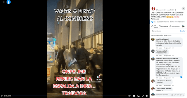 Video viral que cuenta con miles de interacciones sobre supuesta vacancia a Dina Boluarte y el Congreso. Foto: captura LR/Facebook.